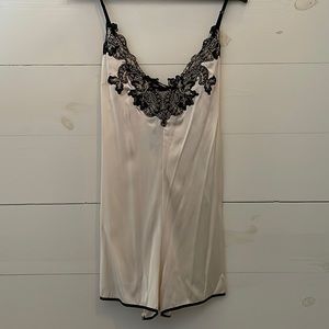 NWT! | VALERY | Lux, creamy beige silk romper with black lace trim, size L (10)